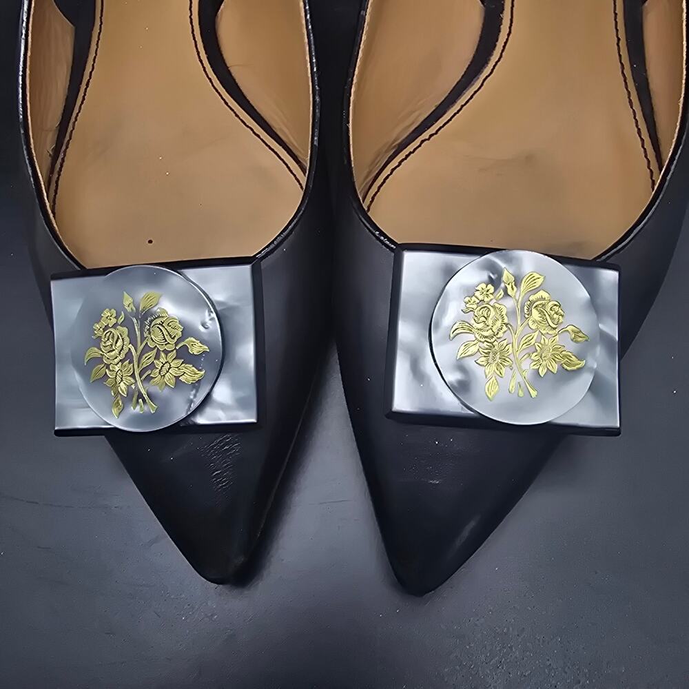 Tip Toe Metallic Gold Tone Floral Shoe Clips Vintage NOS